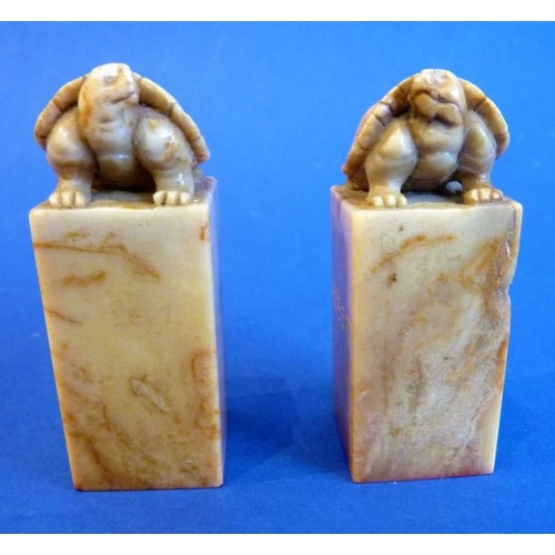 480 - A pair of Chinese export soapstone 'Tortoise Seals', carved with English names 'Mary' and 'Robert' i... 