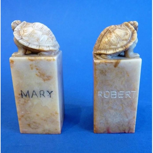 480 - A pair of Chinese export soapstone 'Tortoise Seals', carved with English names 'Mary' and 'Robert' i... 