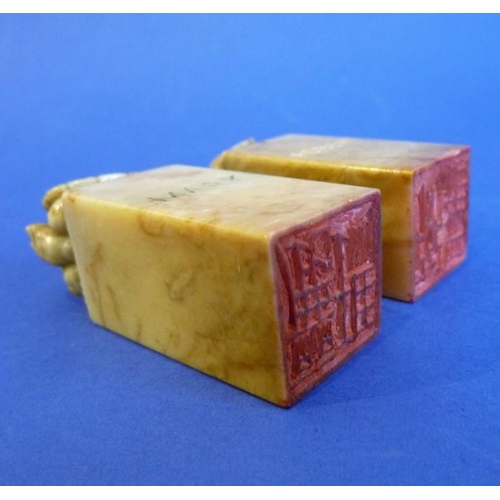 480 - A pair of Chinese export soapstone 'Tortoise Seals', carved with English names 'Mary' and 'Robert' i... 