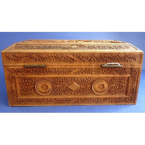 483 - An antique Asian carved hardwood box decorated with dancing figures and fine floral scrolls (12.5cm ... 