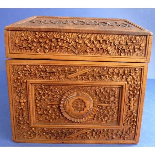 483 - An antique Asian carved hardwood box decorated with dancing figures and fine floral scrolls (12.5cm ... 