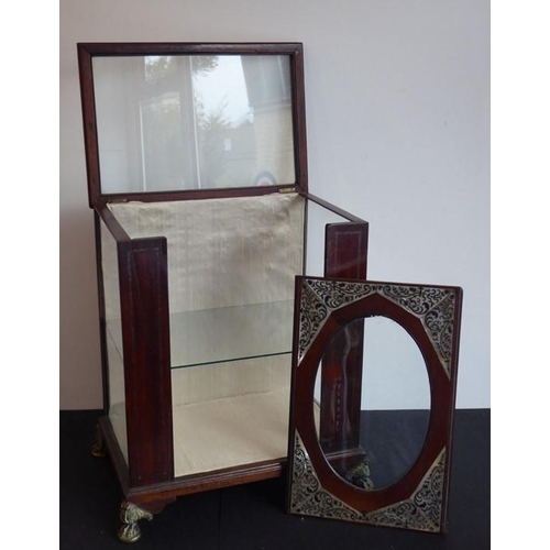 504 - A 19th century mahogany chequer strung and mother of pearl inlaid table display cabinet; the hinged ... 