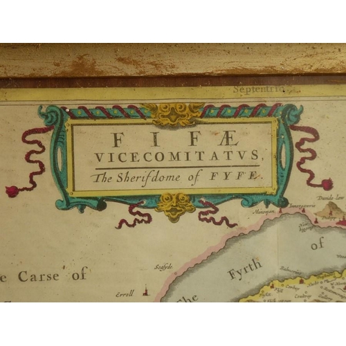 506 - A framed and glazed hand-coloured map engraving FifAE Vicecomitatvs (the Sherifdome of Fife) probabl... 