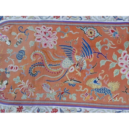 540 - A Chinese needlework silk work, very finely embroidered with figures and mythical beasts etc., the f... 