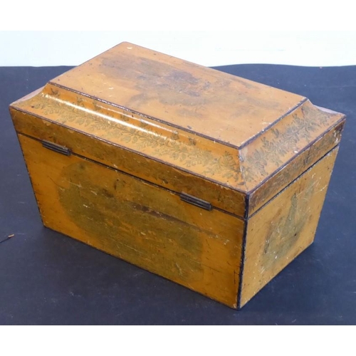 544 - An early 19th century Sarcophagus-shaped two-division sycamore tea caddy; the lid outer body inner l... 