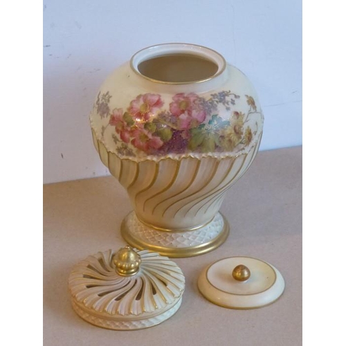 55 - A late 19th century Royal Worcester blush porcelain potpourri; comprising baluster-shaped main body ... 