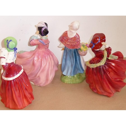 562 - Four Royal Doulton figures to include 'Market Day' (HN 1991, star crack to base), 'Top o' the Hill' ... 