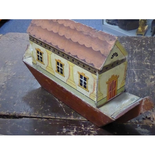 586 - A late 19th/early 20th century wooden Noah's Ark; in play-worn condition and with a variety of the u... 