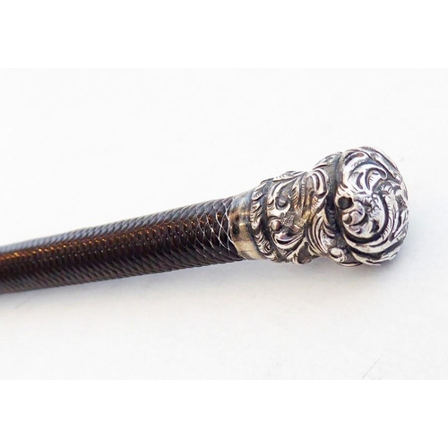 597 - A 19th century silver-plated-mounted riding crop with plaited-leather handle (59cm)