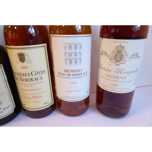 621 - A mixed lot of six wines, spirits and ports: Premieres Cotes de Bordeaux 1986 and 1992; Chateau Rouq... 