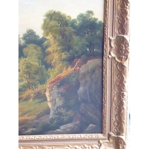 633 - JOSEPH QUINAUX (1822-1895), a gilt-framed oil on canvas study of a countryside scene (lined), figure... 