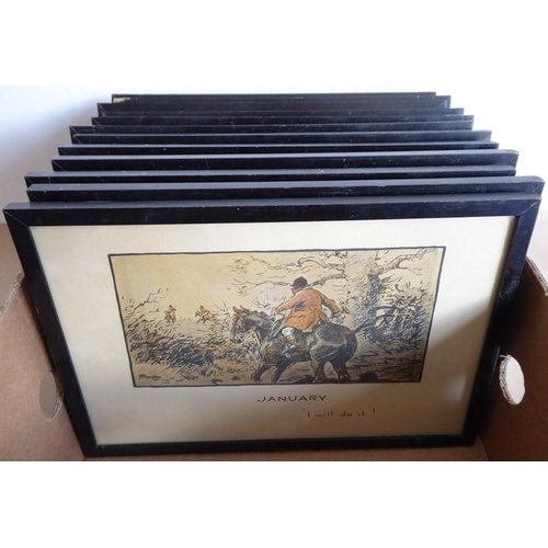 638 - CHARLES JOHNSON PAYNE 'Snaffles' (1884-1967); a full set of 12 early 20th century ebonised, framed a... 