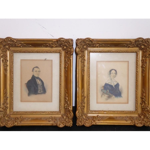 639 - A pair of 19th century gilt framed and glazed watercolour half-length portrait studies male and fema... 