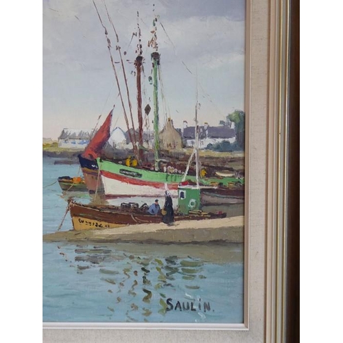 664 - SAULIN (20th century French school), a parcel-gilt framed and glazed oil on board marine study of bo... 