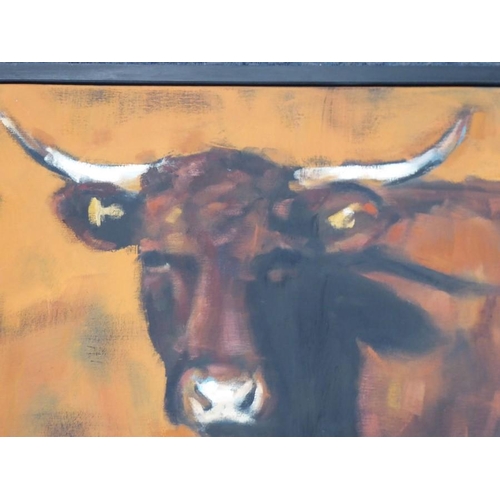 668 - K (KATHARINE) LIGHTFOOT (b 1972, Devon artist), a large box-framed oil on canvas study 'Cow against ... 