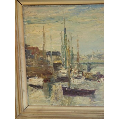 672 - RONALD OSSORY DUNLOP (1894-1973), a framed oil on canvas study depicting a harbour scene with boats ... 