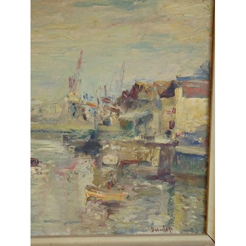 672 - RONALD OSSORY DUNLOP (1894-1973), a framed oil on canvas study depicting a harbour scene with boats ... 