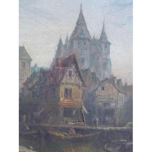 679 - GEO (GEORGE) GREGORY (1849-1938), a large gilt framed oil on canvas Continental waterway study with ... 