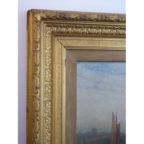 679 - GEO (GEORGE) GREGORY (1849-1938), a large gilt framed oil on canvas Continental waterway study with ... 