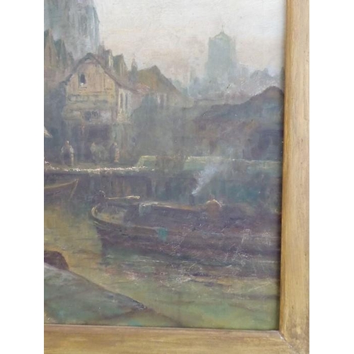 679 - GEO (GEORGE) GREGORY (1849-1938), a large gilt framed oil on canvas Continental waterway study with ... 