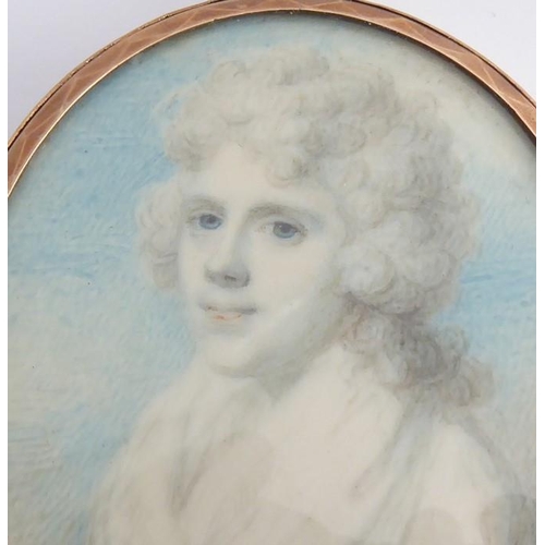 681 - Attr. Richard COSWAY R.A. (1742-1821); a yellow-metal oval framed and glazed portrait miniature, lad... 