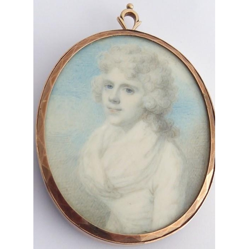 681 - Attr. Richard COSWAY R.A. (1742-1821); a yellow-metal oval framed and glazed portrait miniature, lad... 