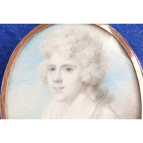 681 - Attr. Richard COSWAY R.A. (1742-1821); a yellow-metal oval framed and glazed portrait miniature, lad... 