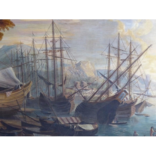 697 - MARIO ROMANI (Italian, 19th/20th century), a large gilt-framed oil on canvas study of boats moored u... 