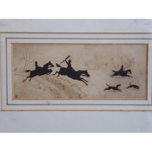 704 - A Hogarth framed and glazed 19th century silhouette with pen and ink of a hunting scene, monogrammed... 