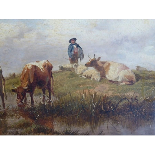 706 - THOMAS SIDNEY COOPER R.A. (1803-1902); a gilt-framed and glazed oil on board 'Cattle Watering with H... 