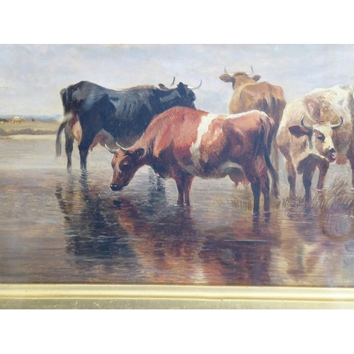 706 - THOMAS SIDNEY COOPER R.A. (1803-1902); a gilt-framed and glazed oil on board 'Cattle Watering with H... 