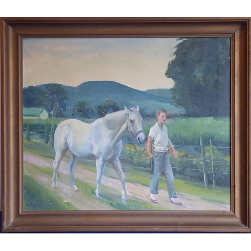 707 - R. J. M. (Richard John Munro) DUPONT (1920-1977), a framed oil on canvas study of a young boy leadin... 