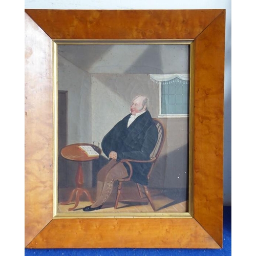 709 - A mid-19th century bird's-eye maple framed oil on canvas study of a portly gentleman sitting in a Wi... 