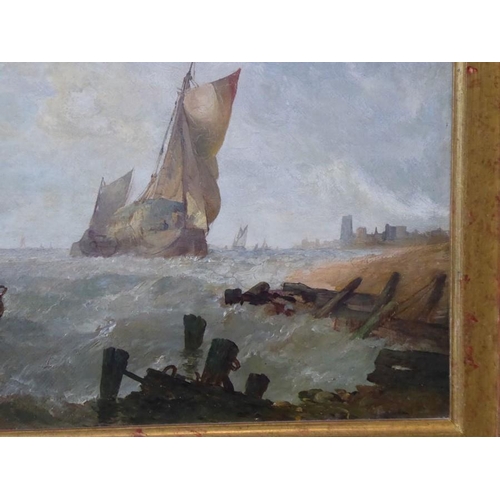 714 - ALFRED MONTAGUE (1832-c. 1883), a gilt-framed (later) oil on canvas (lined) marine study, coastal sc... 