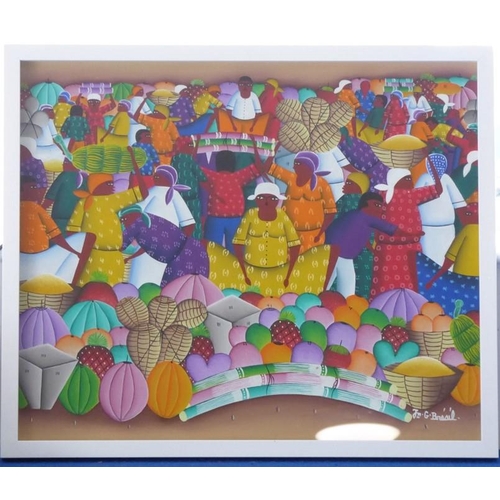 717 - J N BRESIL (20th century, Haiti), a box-framed and glazed oil on canvas onto board, 'Busy Haitian Ma... 