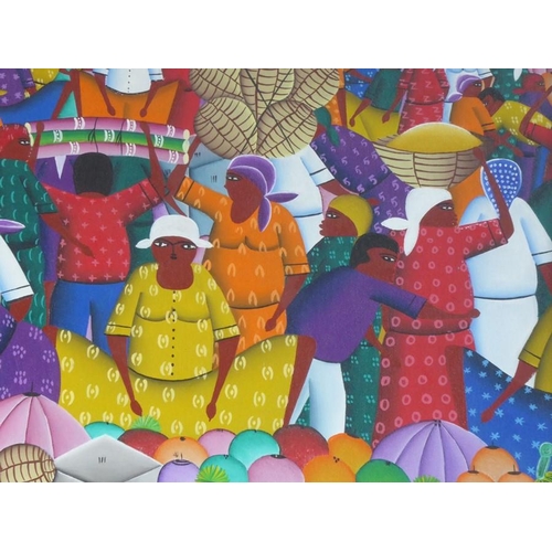 717 - J N BRESIL (20th century, Haiti), a box-framed and glazed oil on canvas onto board, 'Busy Haitian Ma... 