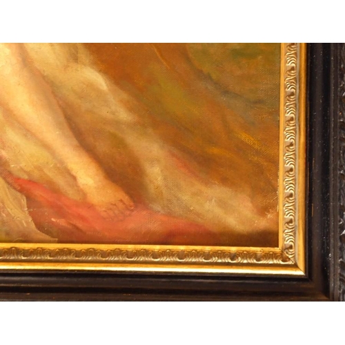 722 - A late 19th early 20th century parcel-gilt framed and glazed oil on canvas female nude study; the su... 