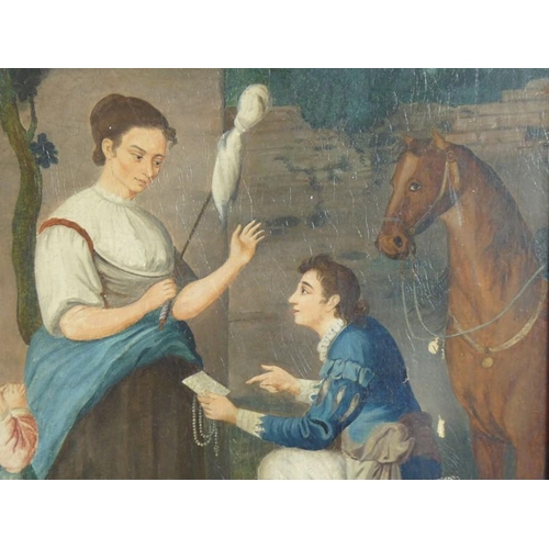 724 - A mid-19th century maple-framed naive oil on canvas study 'The Proposition', farmyard-style scene wi... 