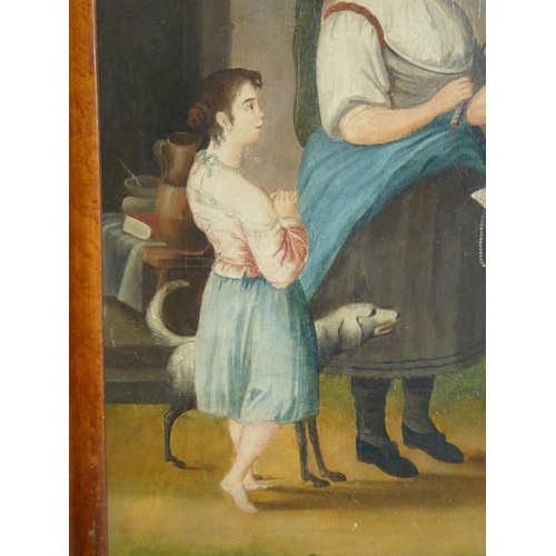 724 - A mid-19th century maple-framed naive oil on canvas study 'The Proposition', farmyard-style scene wi... 