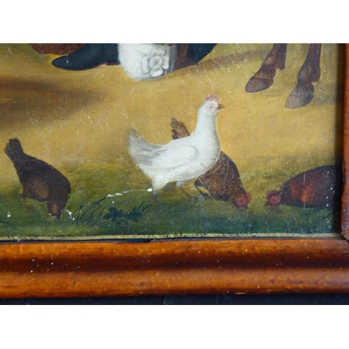 724 - A mid-19th century maple-framed naive oil on canvas study 'The Proposition', farmyard-style scene wi... 