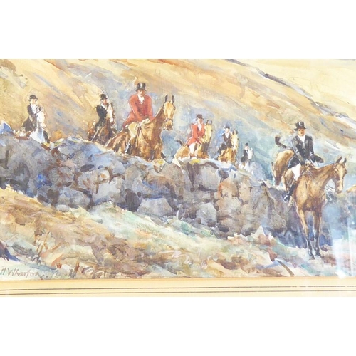 725 - H W BARTON; an early 20th century ebonised framed and glazed watercolour foxhunting study with rider... 