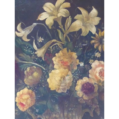 732 - A late 19th/early 20th century gilt-framed oil on wooden panel still-life study of lilies and other ... 