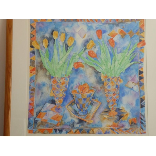 735 - A large oak-framed and glazed watercolour study 'Kelim Tulips', monogrammed and dated TMS 92 lower r... 