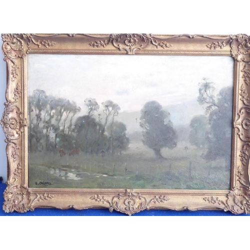 736 - EDOUARD CHAPPEL (Belgian, 1859 - 1946), a gilt-framed oil on canvas 'Morning Mist', a landscape with... 