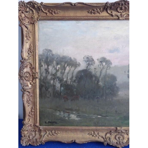 736 - EDOUARD CHAPPEL (Belgian, 1859 - 1946), a gilt-framed oil on canvas 'Morning Mist', a landscape with... 