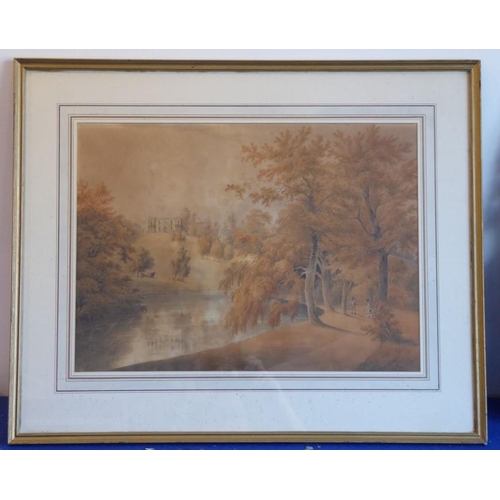 741 - A 19th century gilt-framed and glazed (later) watercolour study depicting a grand country house on t... 