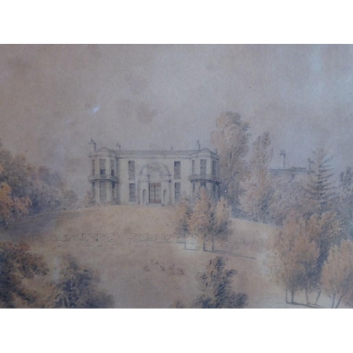 741 - A 19th century gilt-framed and glazed (later) watercolour study depicting a grand country house on t... 