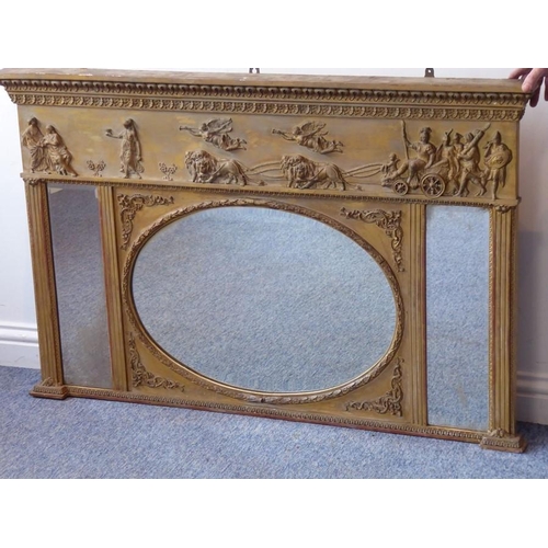 744 - A 19th century Classical-style gilt frame over mantle mirror; the cornice with moulded leaves above ... 