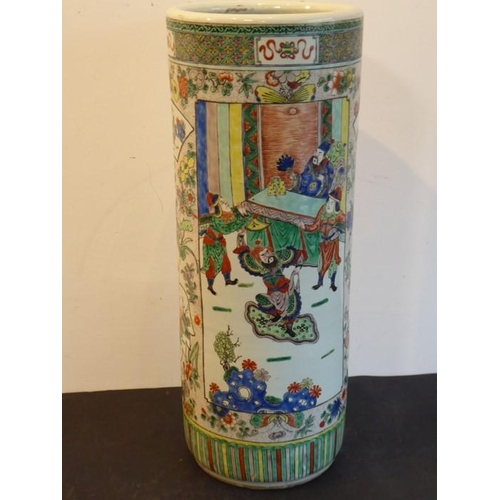 76 - A 19th century Chinese porcelain stick/umbrella stand; the body painted with two main vertical recta... 