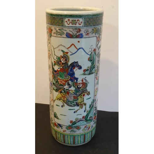 76 - A 19th century Chinese porcelain stick/umbrella stand; the body painted with two main vertical recta... 